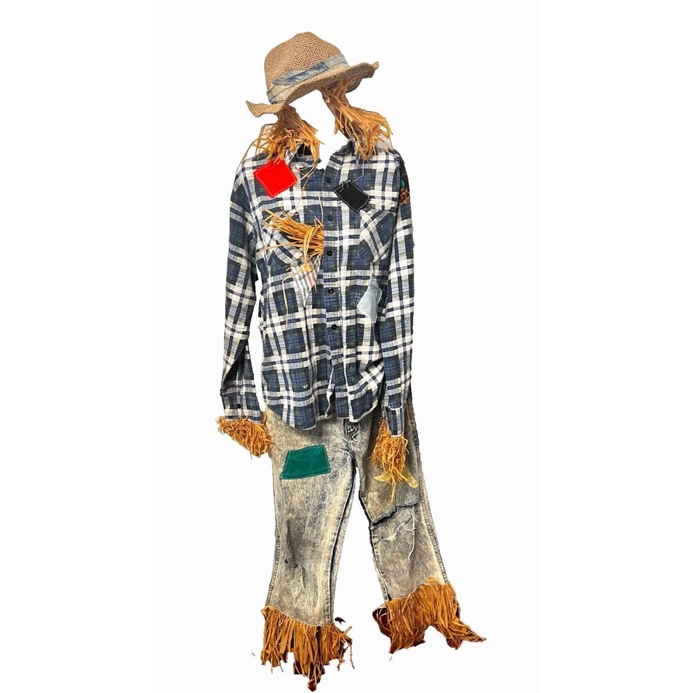 Vtg Handmade Scarecrow Costume Adult M/L Halloween USA Denim Patchwork Straw Hat
